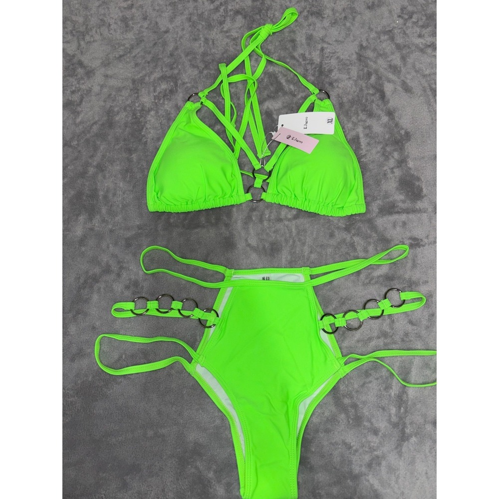 EJsoyo Swimsuit 2 Piece Bikini Set Women XL Green Comfort Stretch O-Rings Detail